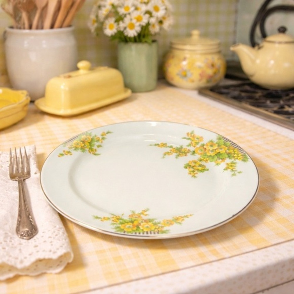 Vintage Paden City Pottery Plate Floral Yellow Flowers‎ Gray Rim Made USA